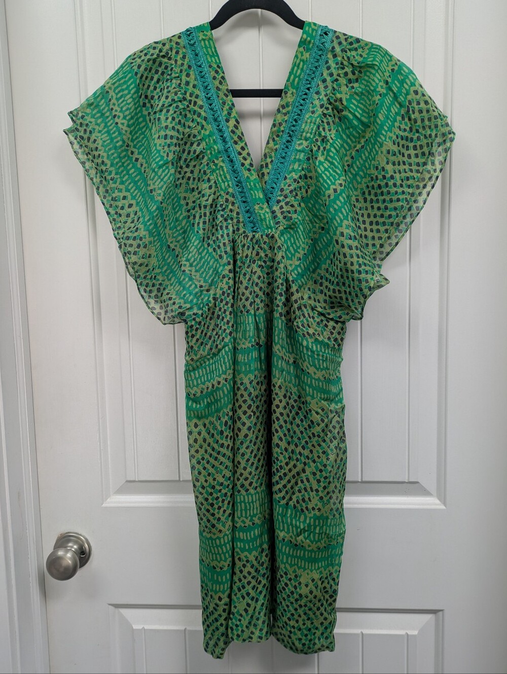Anthropologie Blue Tassel Brand Green Patterned V-Neck Mini Dress